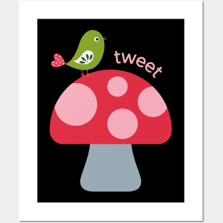 Cute and colorful Mushroom with a Bird on Top! Posters and Art